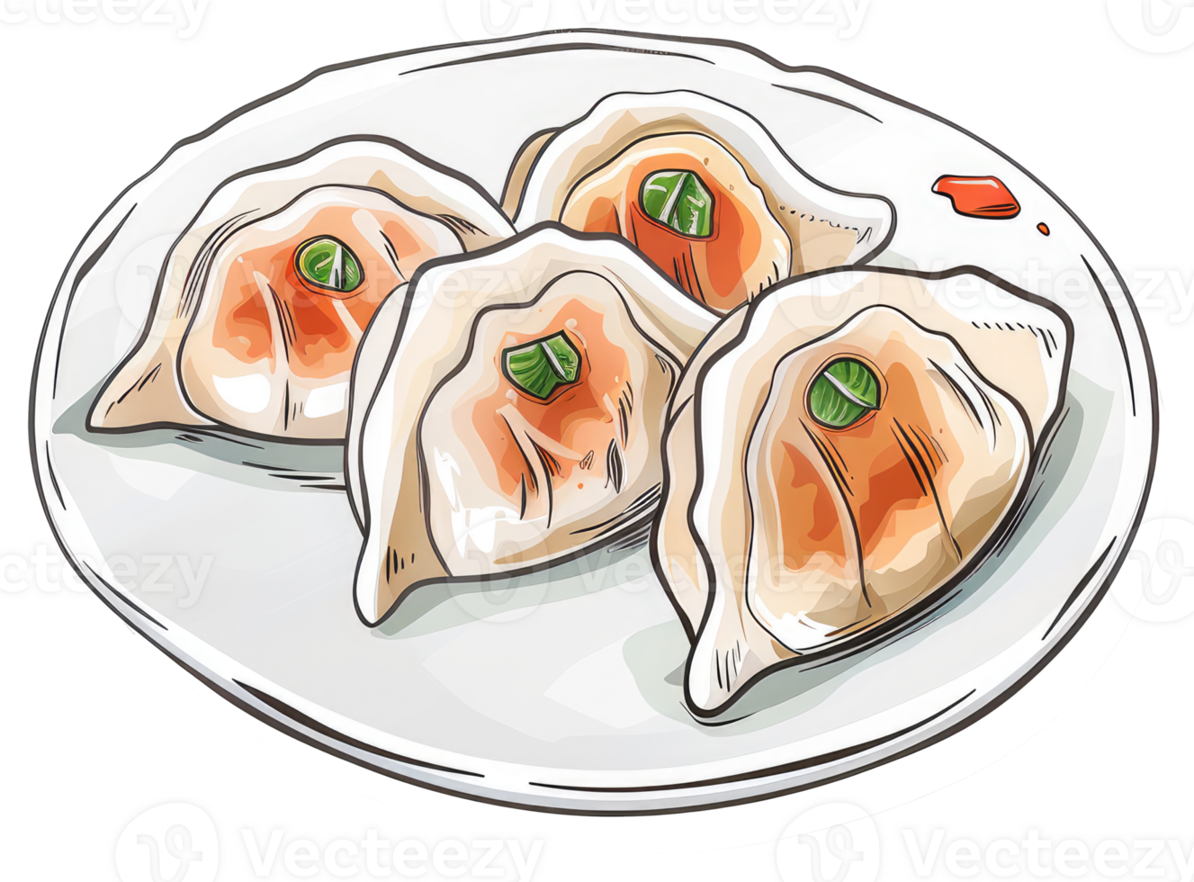 Four delicious dumplings displayed on a clean white plate png