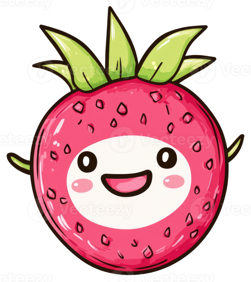A happy cartoon strawberry with green leaves and cute features png