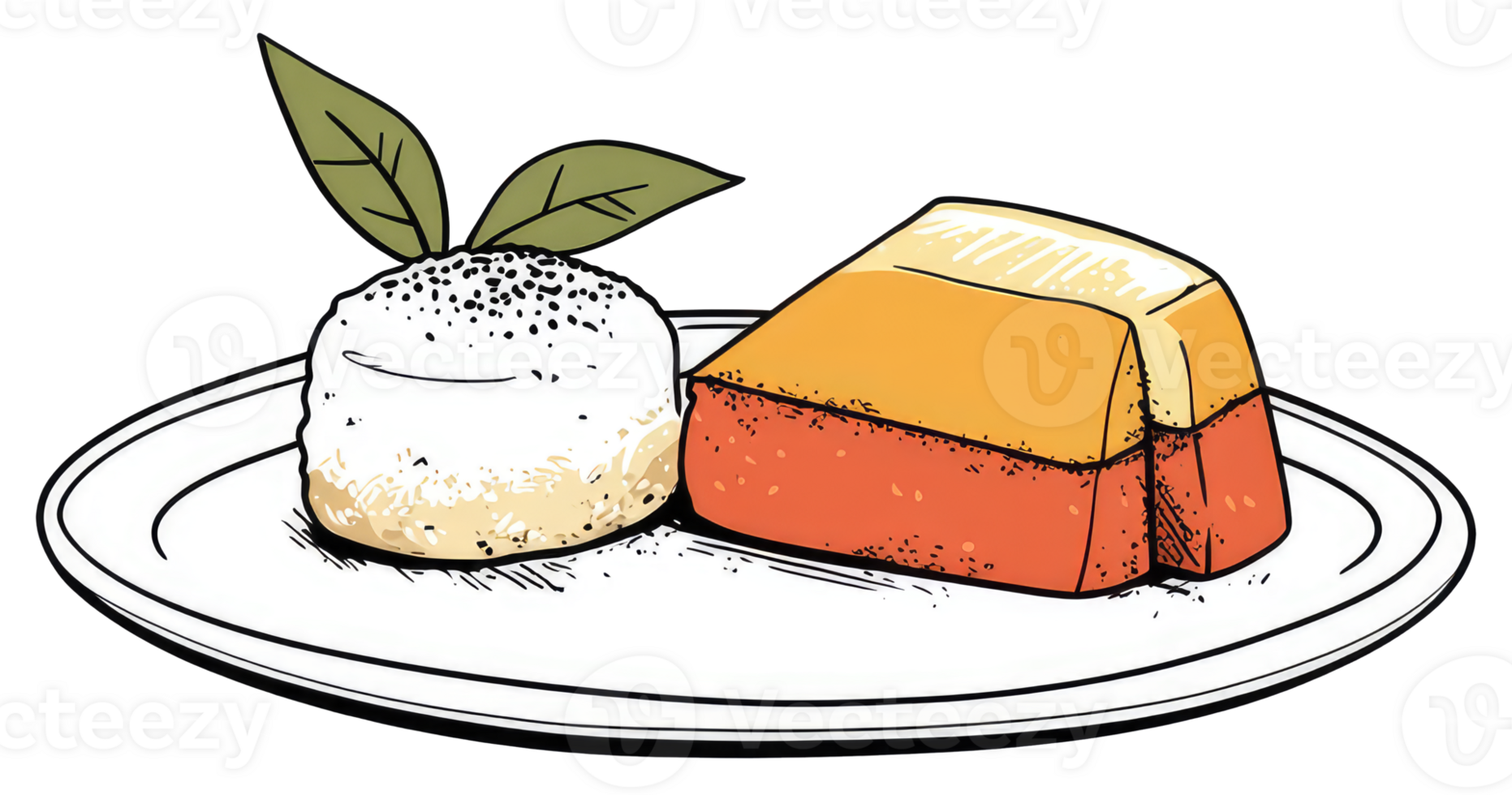 An illustrated plate featuring cake and a dessert pastry png