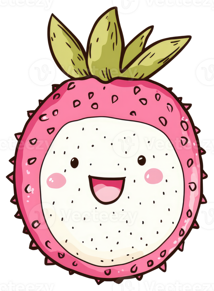 A smiling cartoon dragon fruit with a happy expressive face png