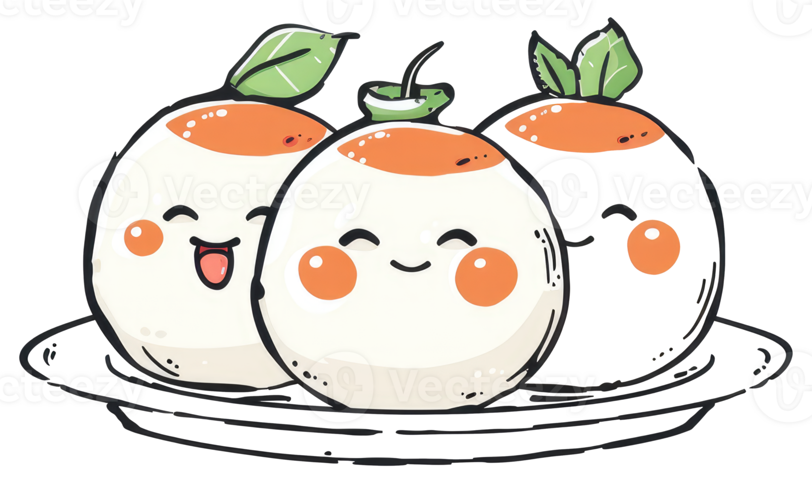 Three smiling cartoon characters that look like food on a plate png