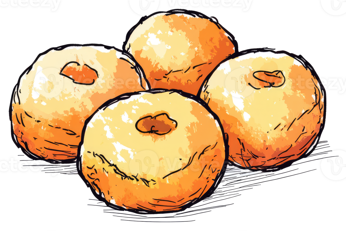 Four golden baked goods depicted in an artistic style png