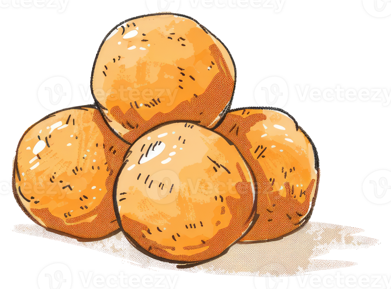 A colorful illustration of four golden round food items png