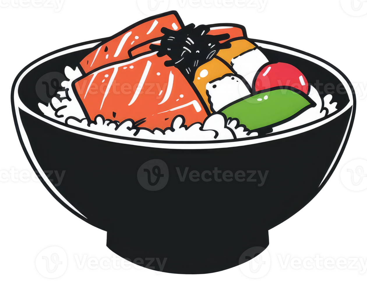 An illustration showcasing a bowl of rice with various toppings png