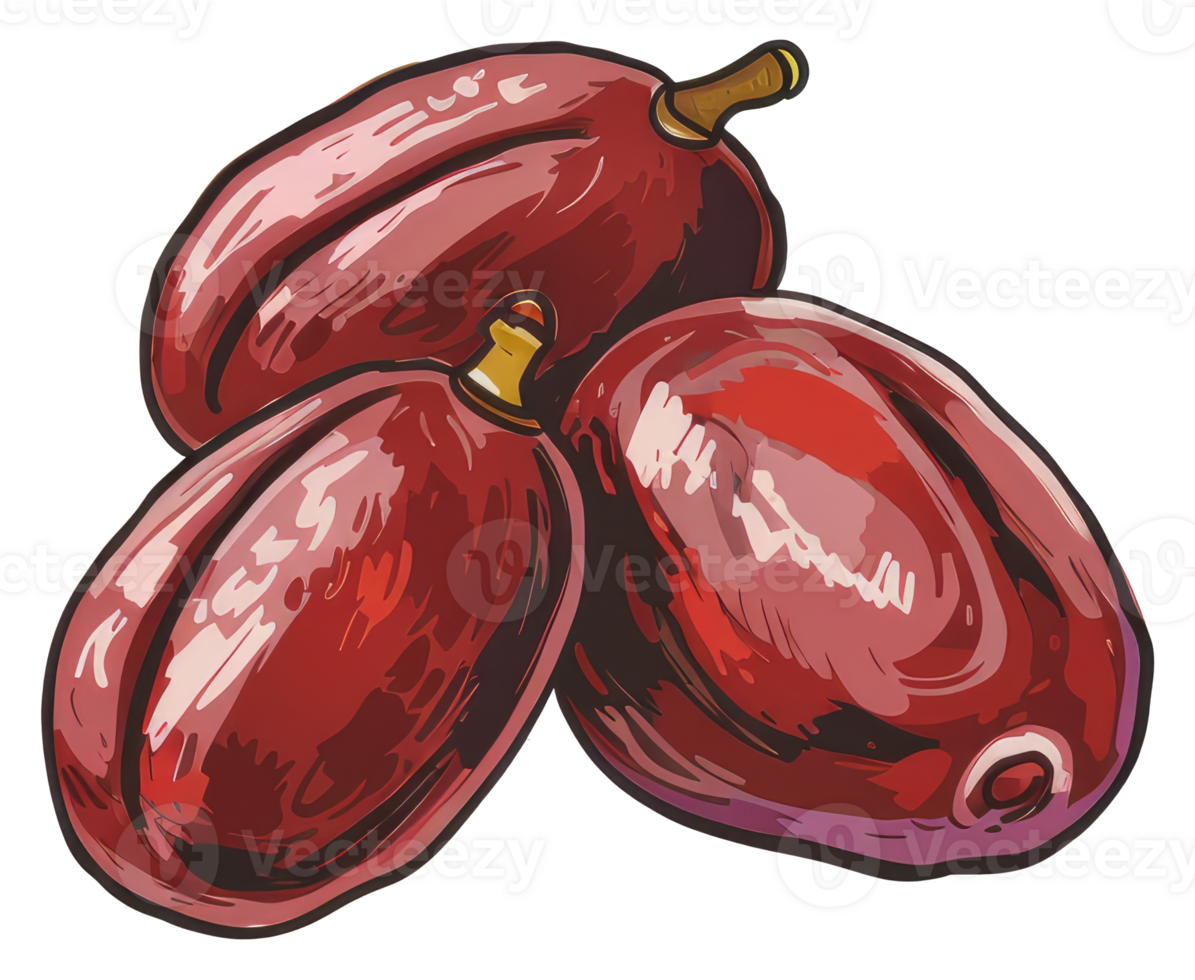 Three ripe oblong fruits are depicted in artistic red illustrations png