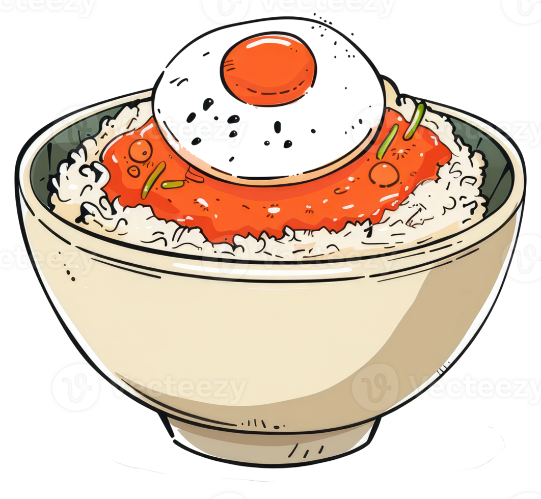 Delicious cartoon depiction of rice with a fried egg on top png