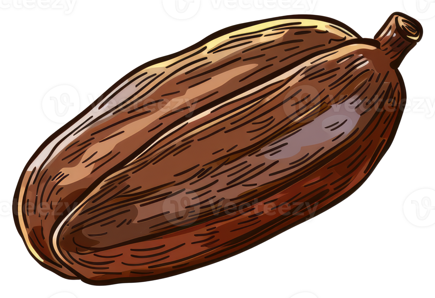A single brown date with a stem rendered in detailed illustration style png