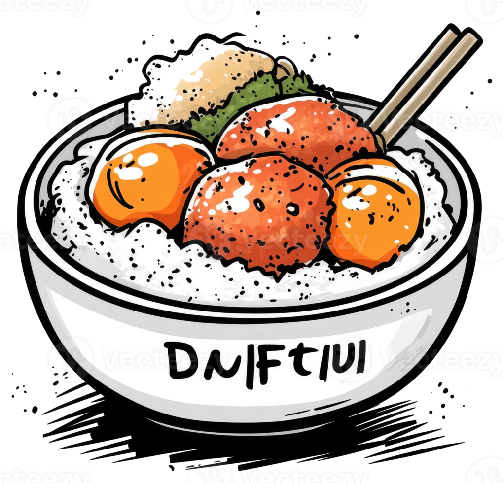 A bowl of rice topped with food and chopsticks png