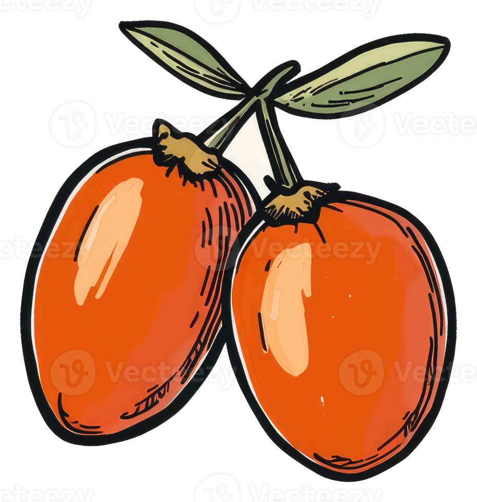 Two orange berries with green leaves on a small twig png