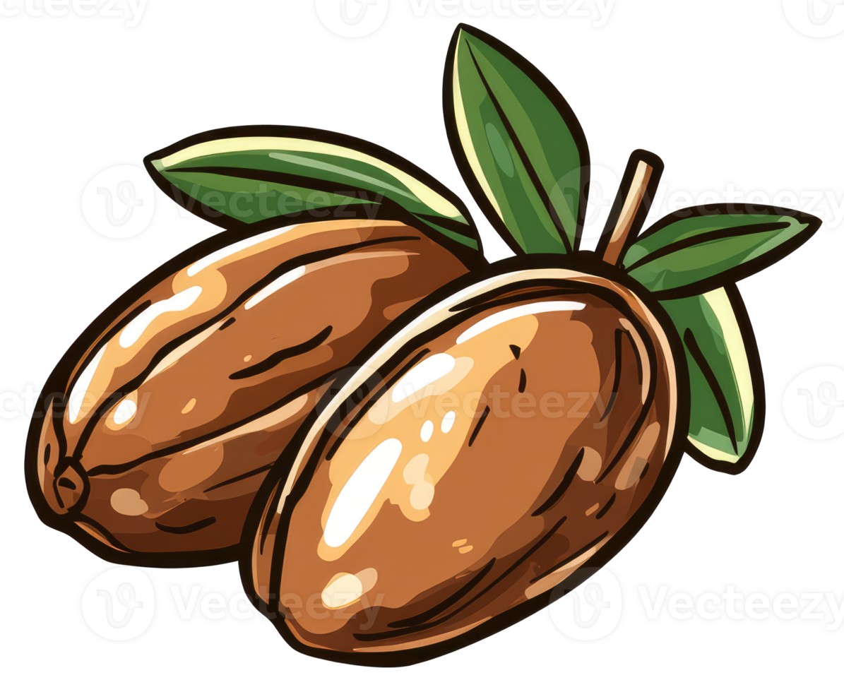 Two brown and oval fruits with green leaves on the stem png
