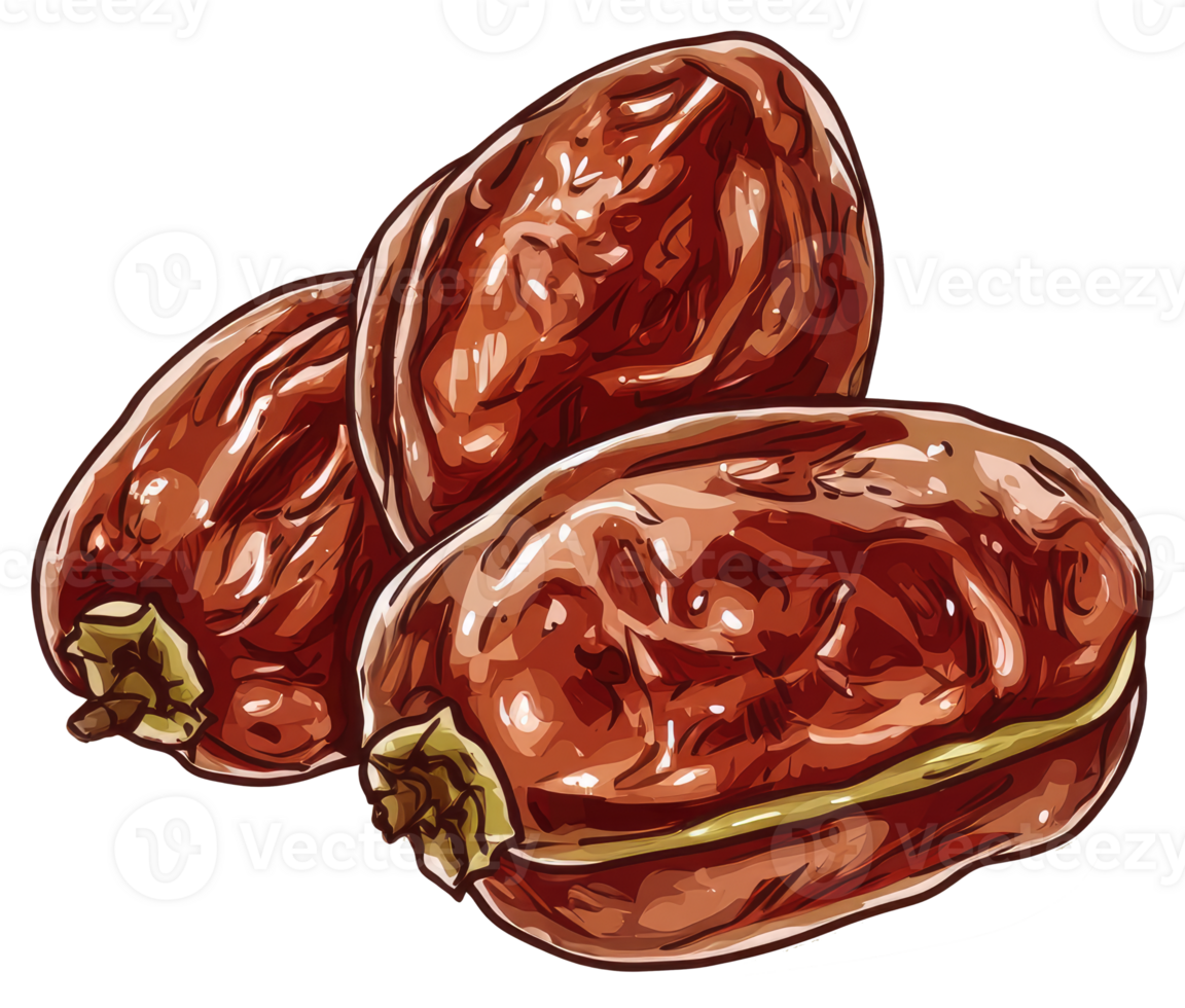 Three Dates Displayed with Brown Shiny Skins and Green Stems png