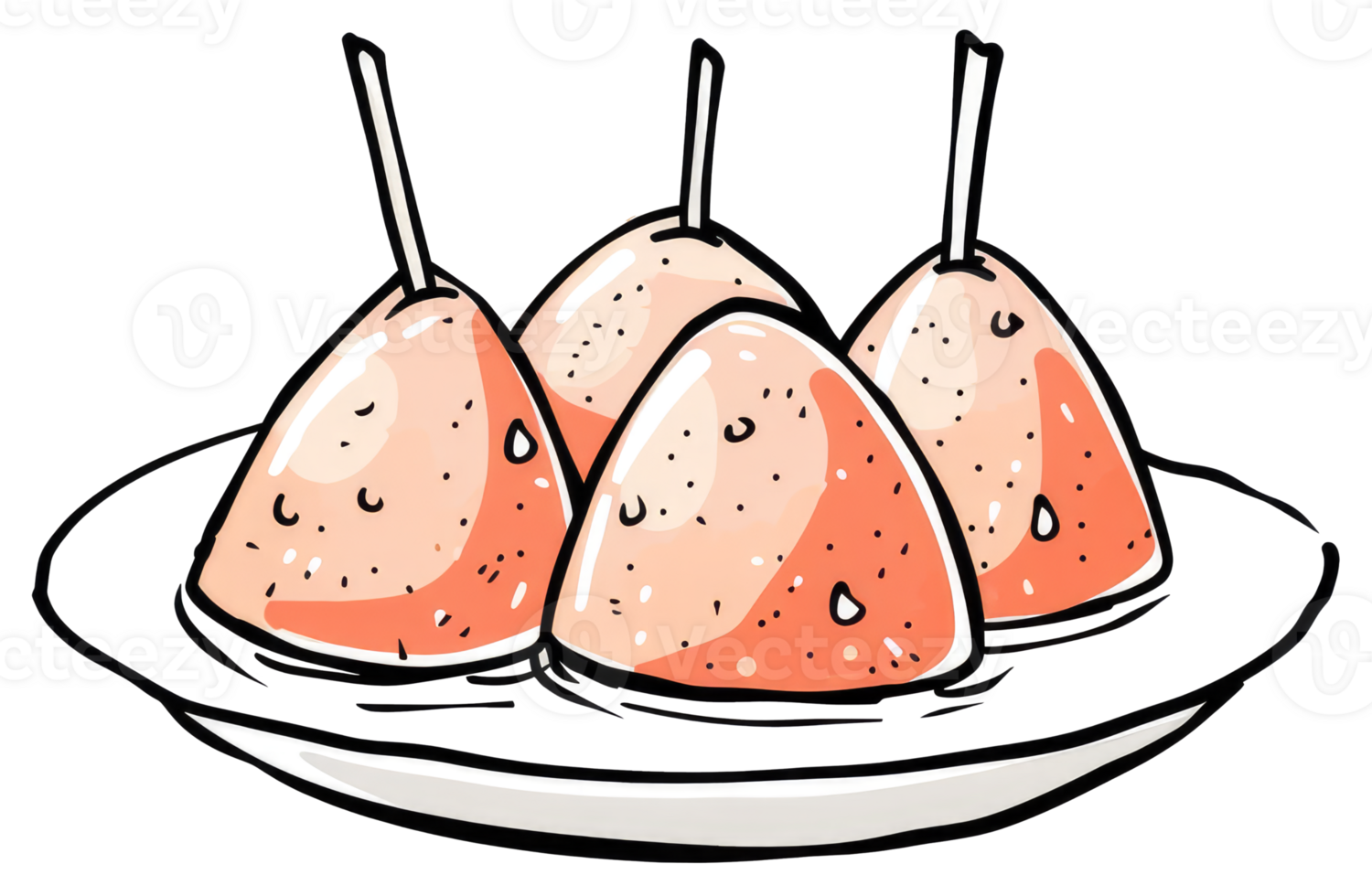 Four cone shaped food items presented on a white plate png