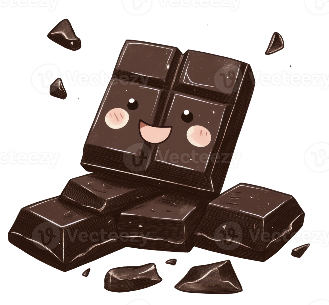 A happy smiling cartoon chocolate bar with broken pieces png
