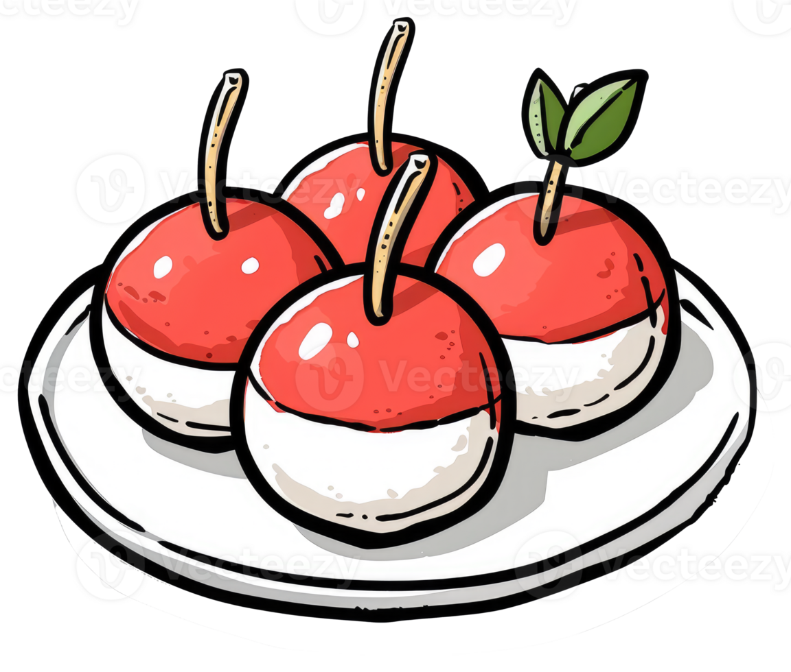 Four candy apples with sticks are arranged on a white plate png