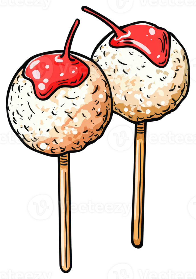 Two round food items with red sauce on wooden sticks png