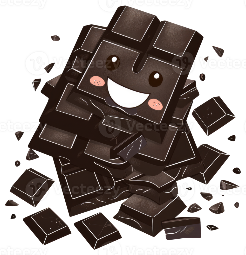 A smiling animated dark chocolate bar with broken pieces around it png