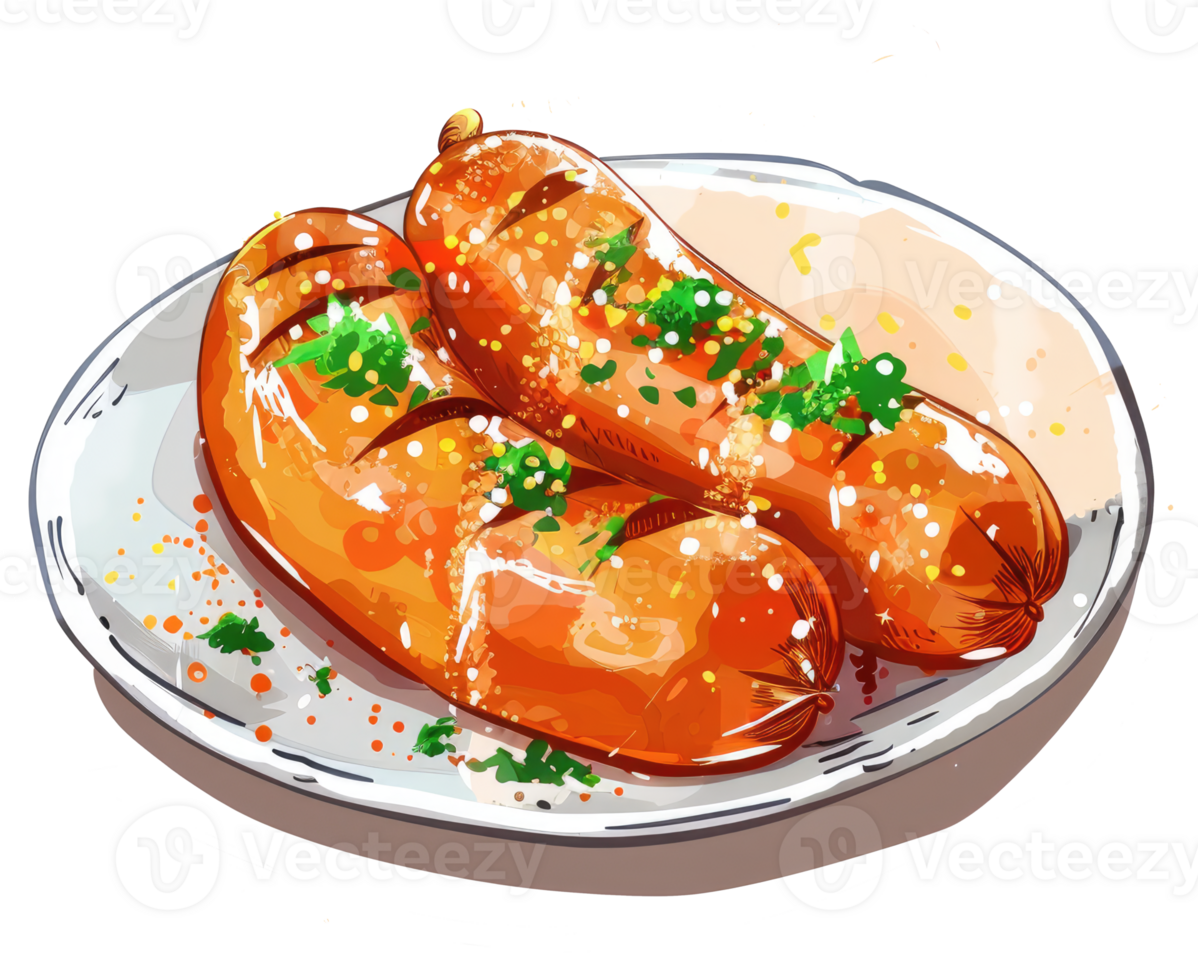 Grilled sausages with herbs on a white plate art illustration png