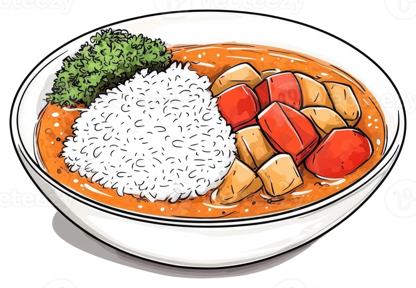 Delicious meal of rice vegetables and savory sauce served in a bowl png
