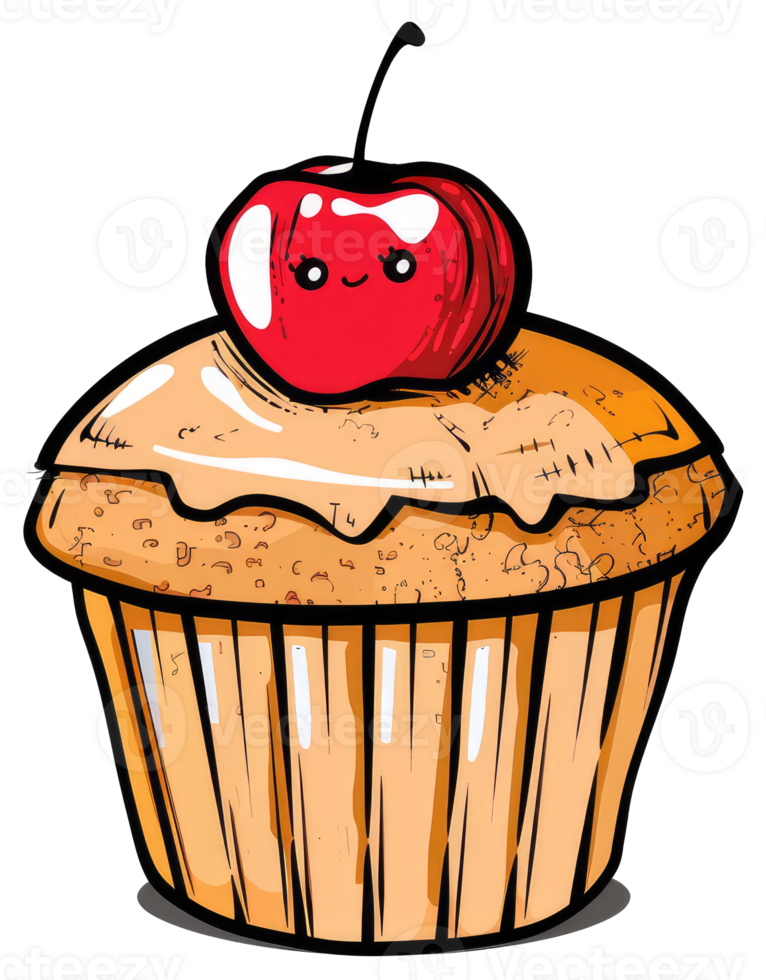 A cute cartoon cupcake with a happy smiling cherry on top png
