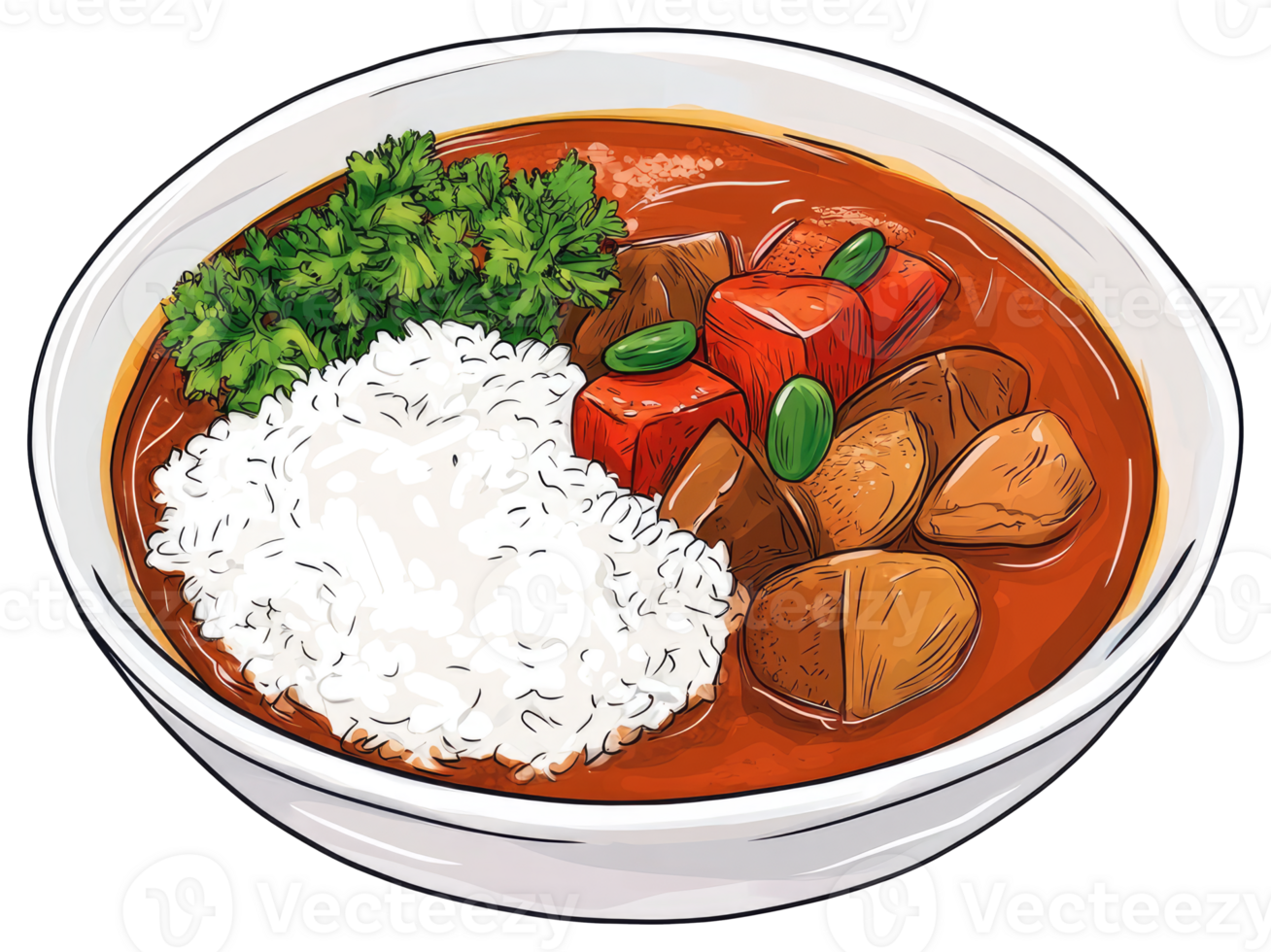 A bowl of rice with curry stew and green garnish on top png