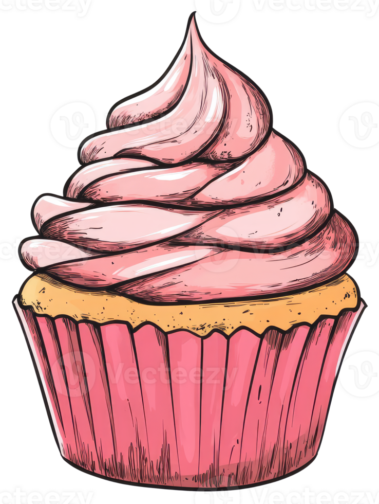 A delicious illustration of a pink frosted cupcake with a liner png