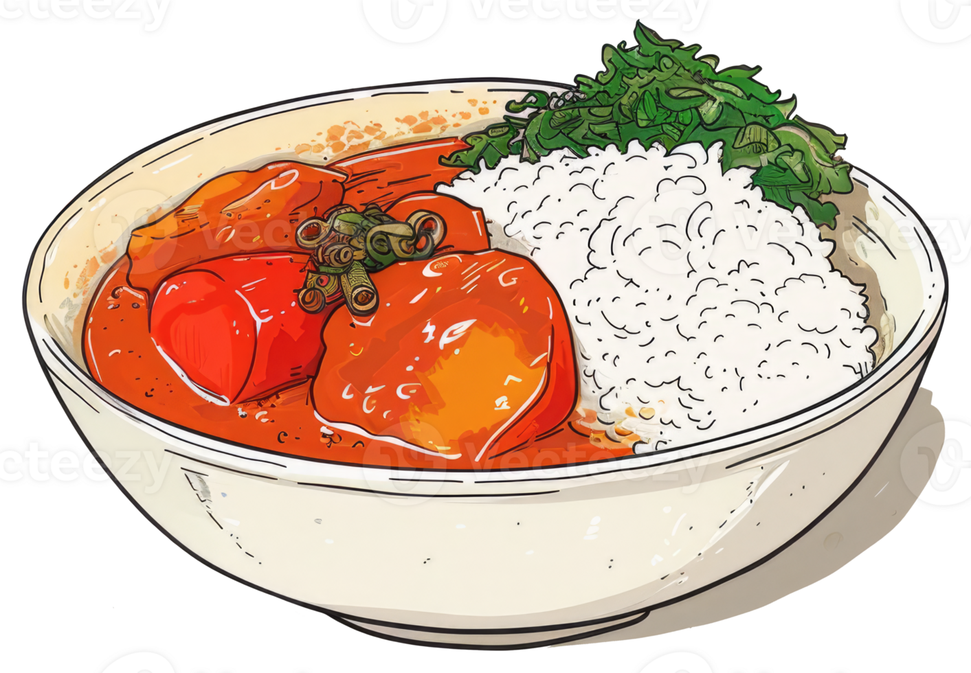 A bowl of food featuring rice and cooked ingredients png