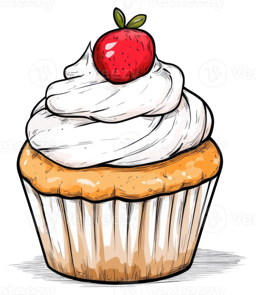 A delicious illustration of a cupcake with strawberry topping on top png