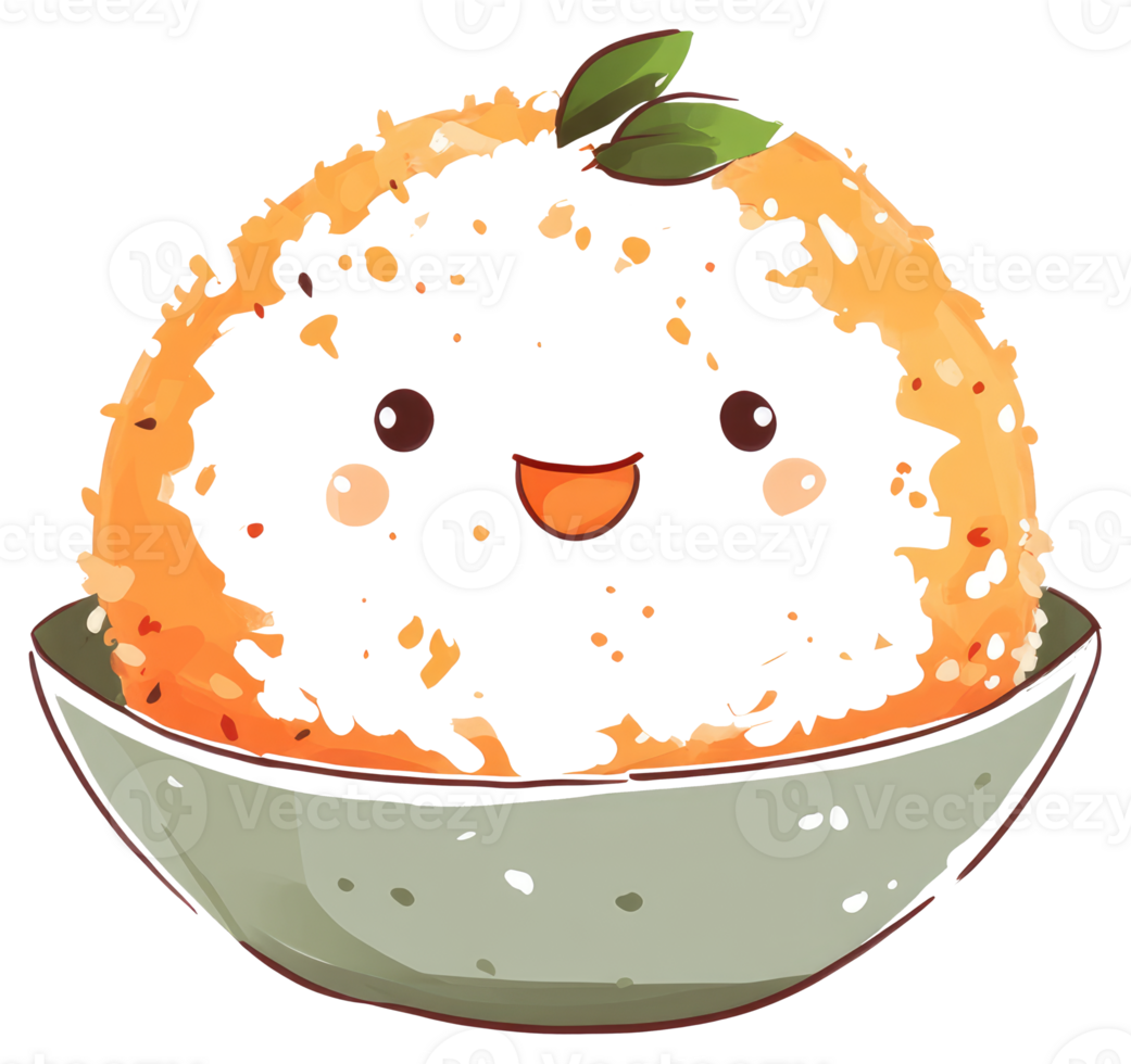 A cheerful cartoon sushi roll with decorative leaves in a bowl png