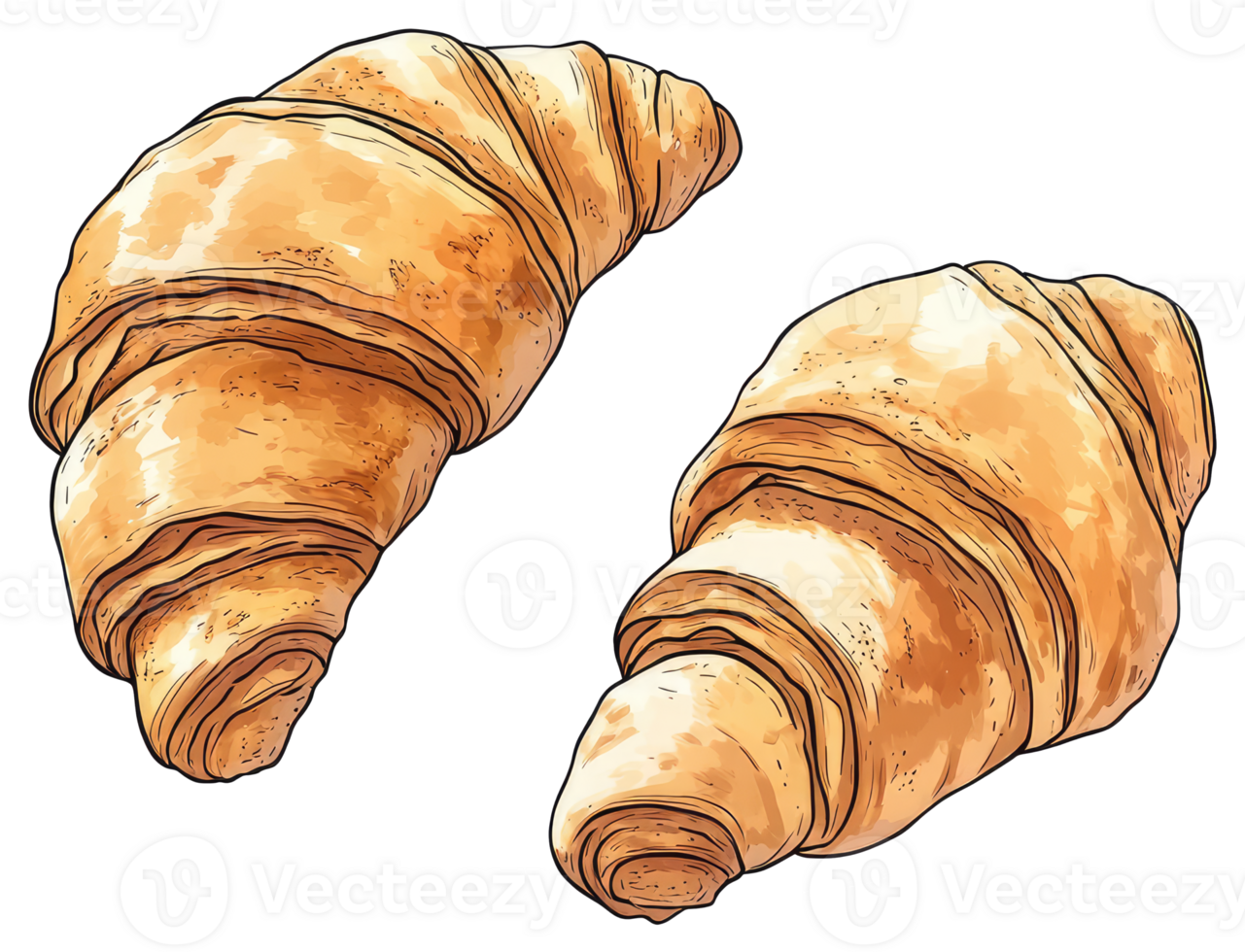 Two golden baked crescent shaped croissants isolated on white png