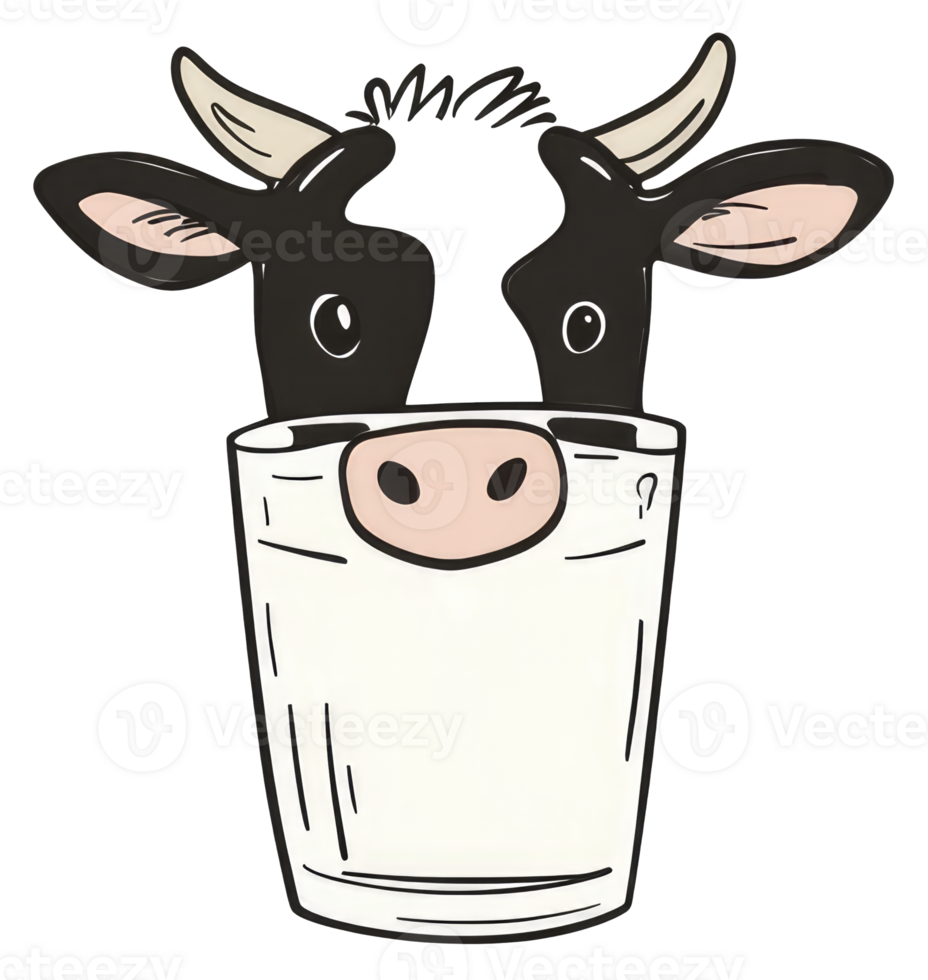 A cartoon cow appears to be inside a tall glass of milk png