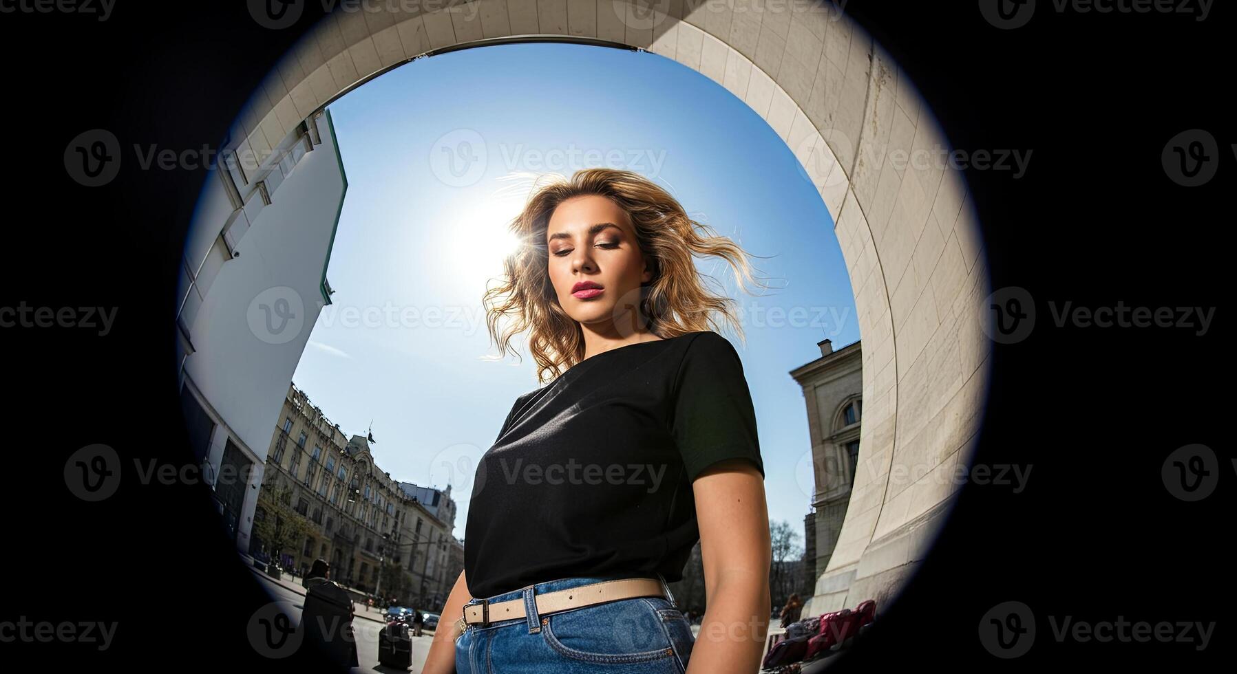 Urban vibe meets elegance in this stunning portrait as sunlight illuminates the scene photo