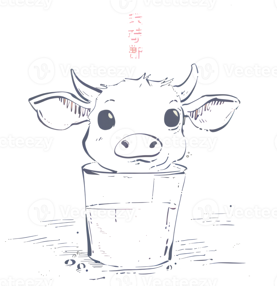 A cartoon drawing of a cow head inside of a glass png