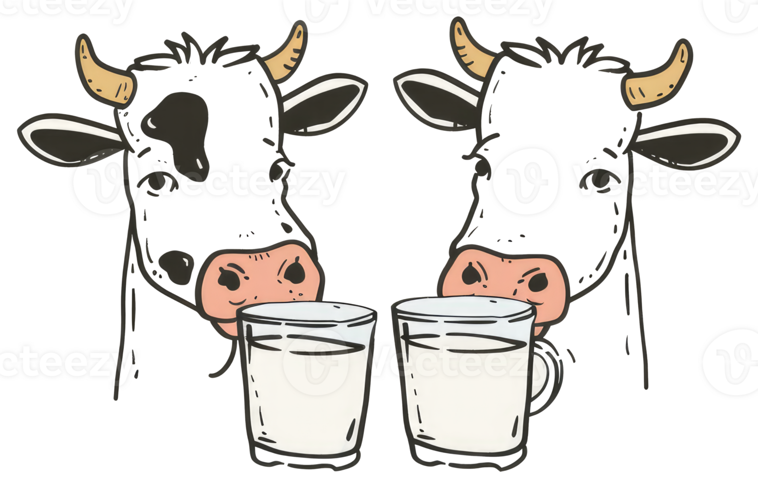 Two cartoon cows drinking milk from a couple of glasses png