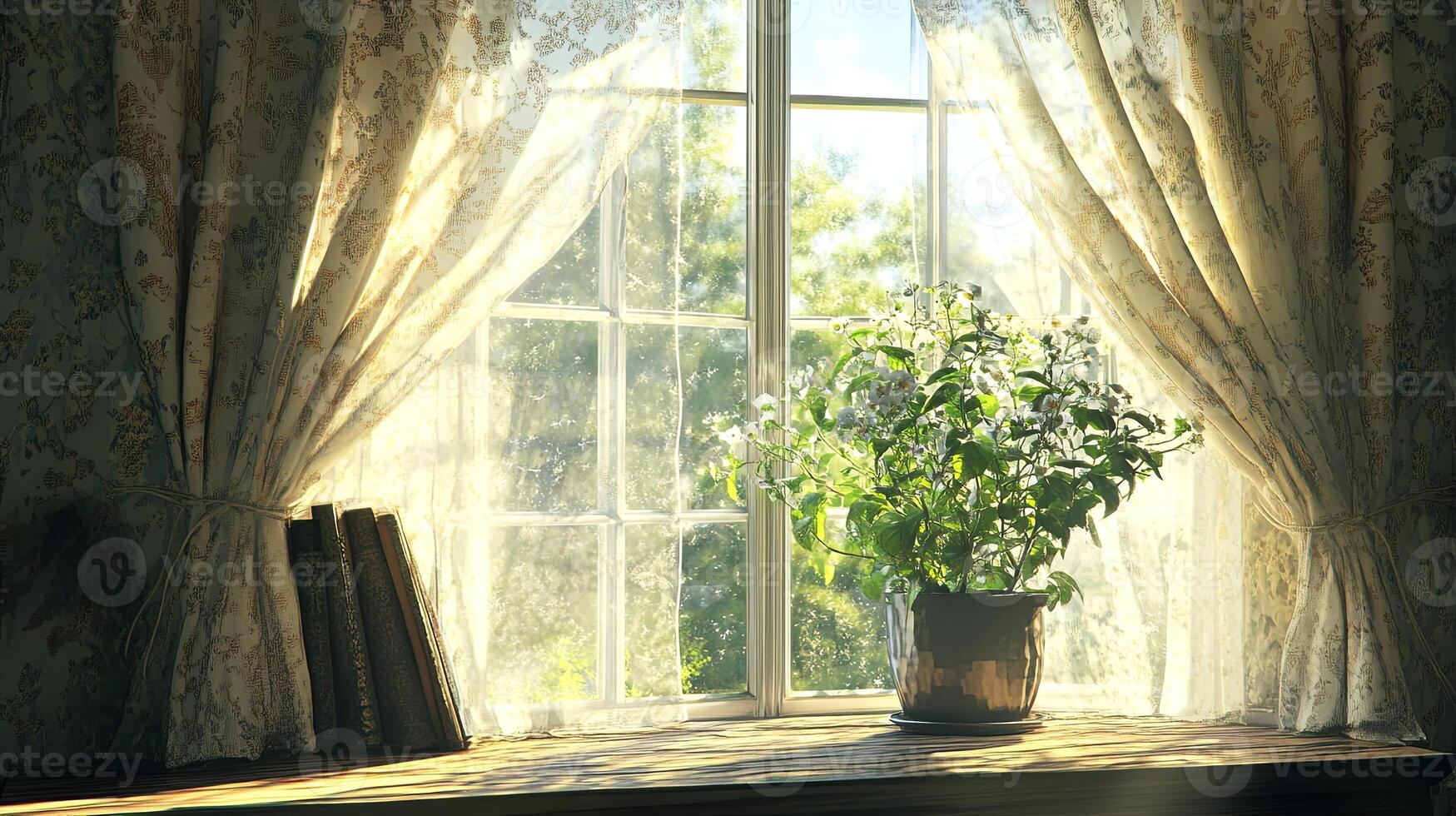 Cozy windowsill with sunlight streaming through delicate curtains. A potted plant and books photo