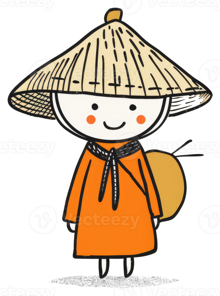An illustrated cartoon character wearing a conical straw hat png