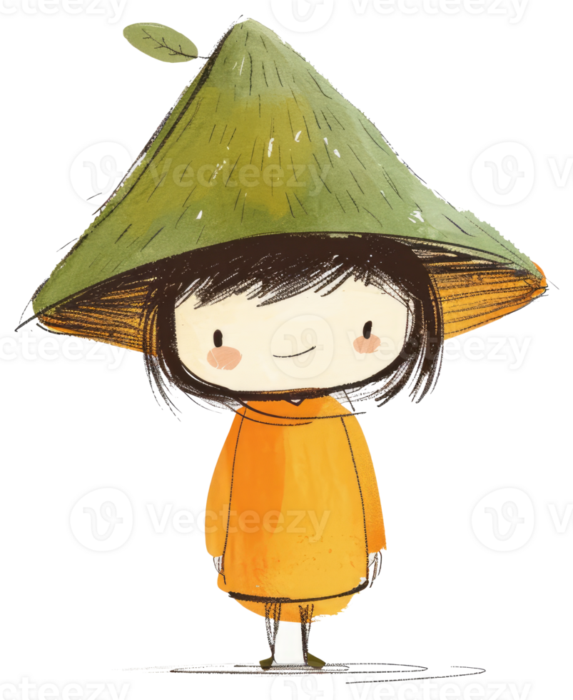 A whimsical illustration of a small child wearing a unique hat png
