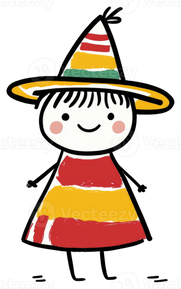 A smiling child wearing a colorful hat and dress stands happily png