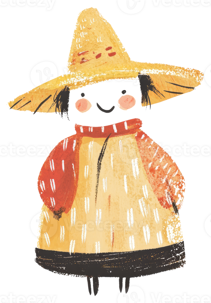 A charming illustrated scarecrow character wearing a yellow straw hat png