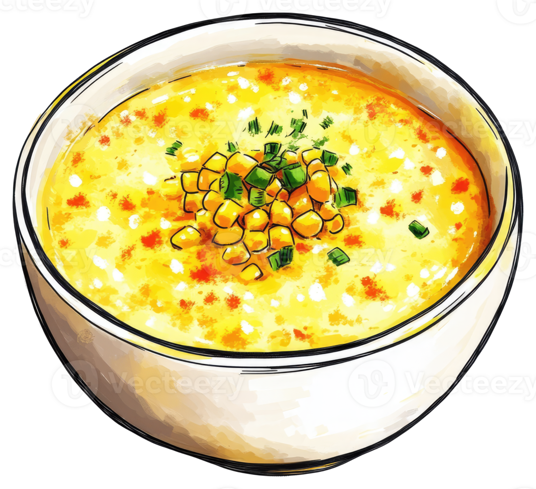 A bowl containing creamy corn soup with vegetable garnish on top png