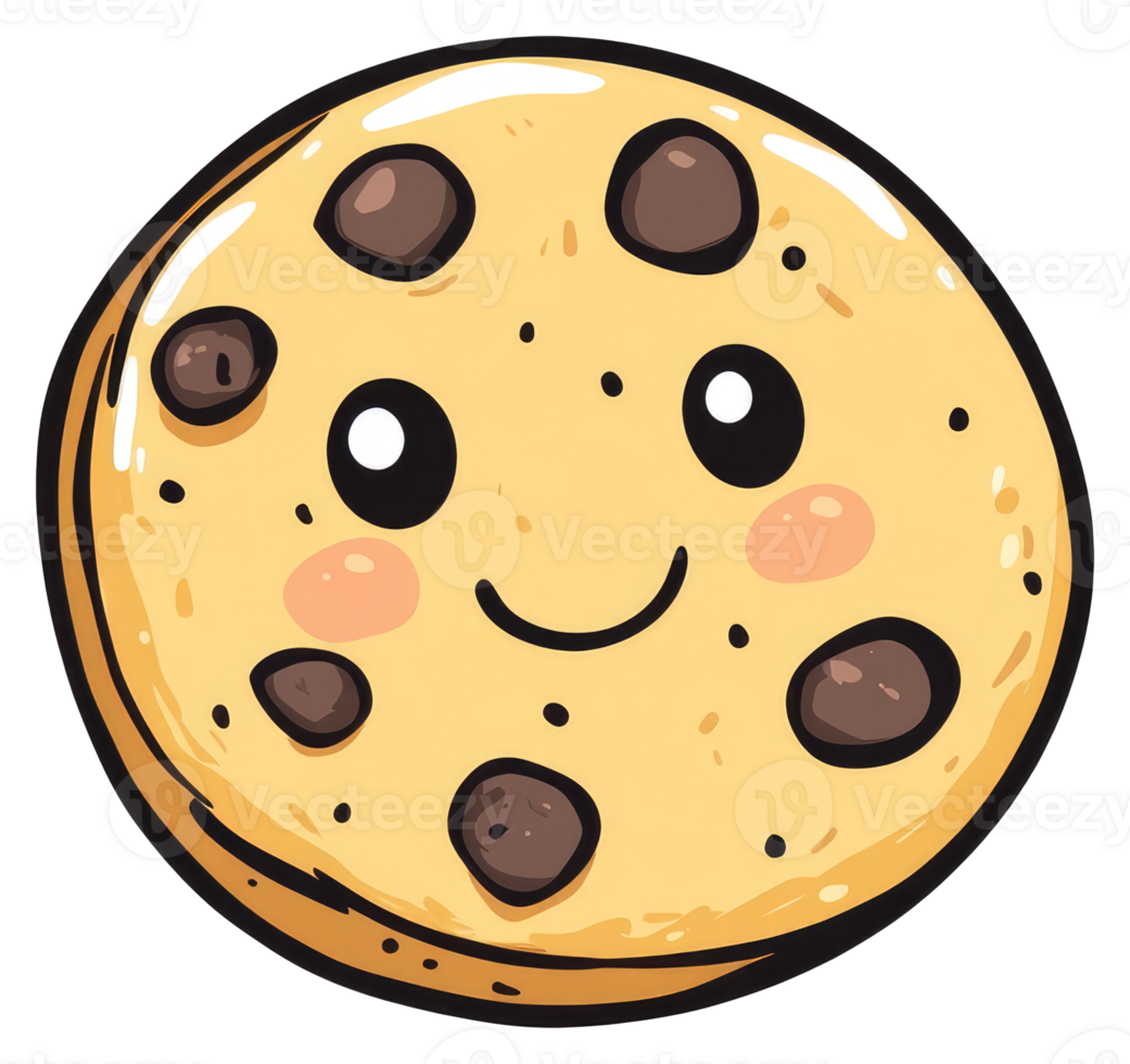 A smiling cartoon chocolate chip cookie with cute details png