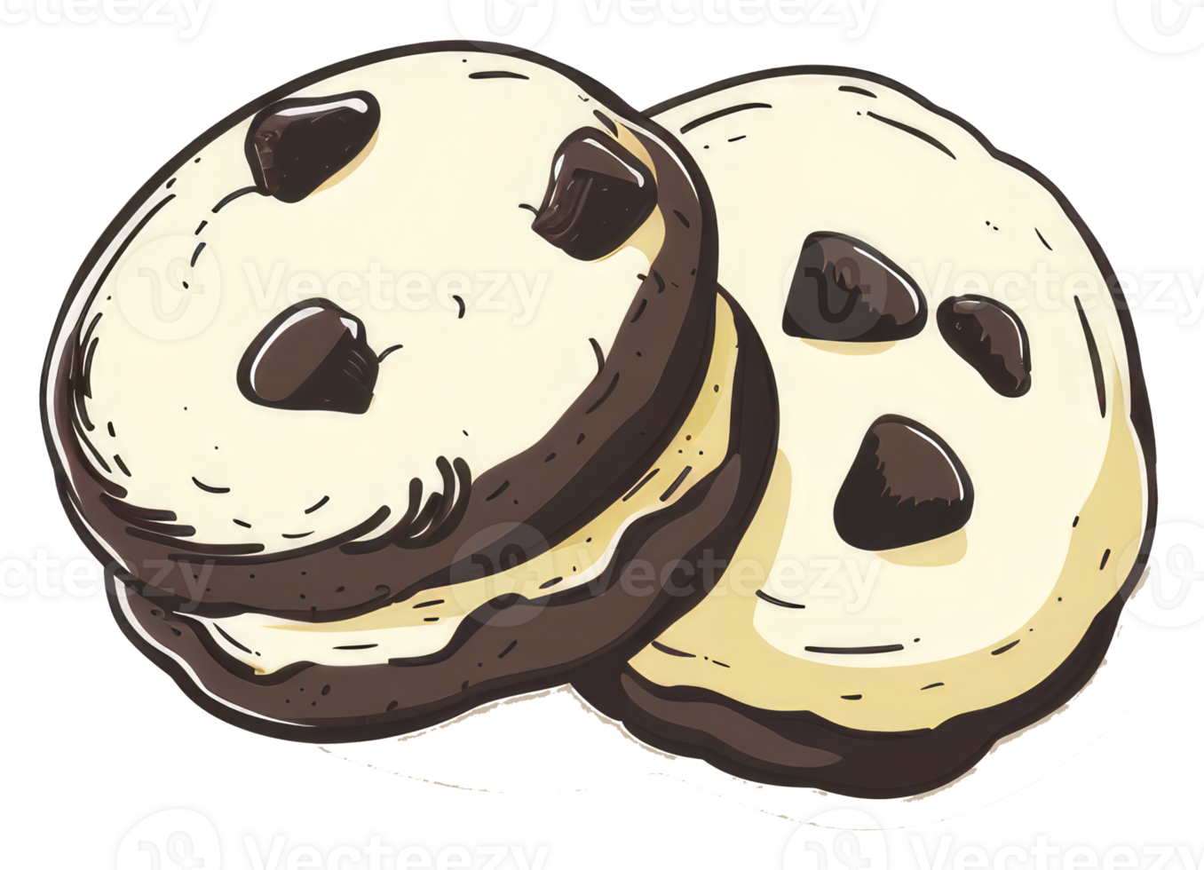 Two delicious chocolate chip cookies stacked on top of each other png