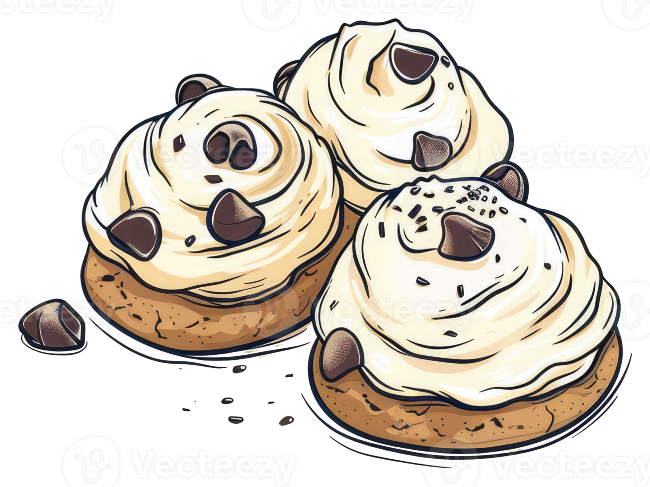 Three freshly baked desserts topped with a creamy white frosting png