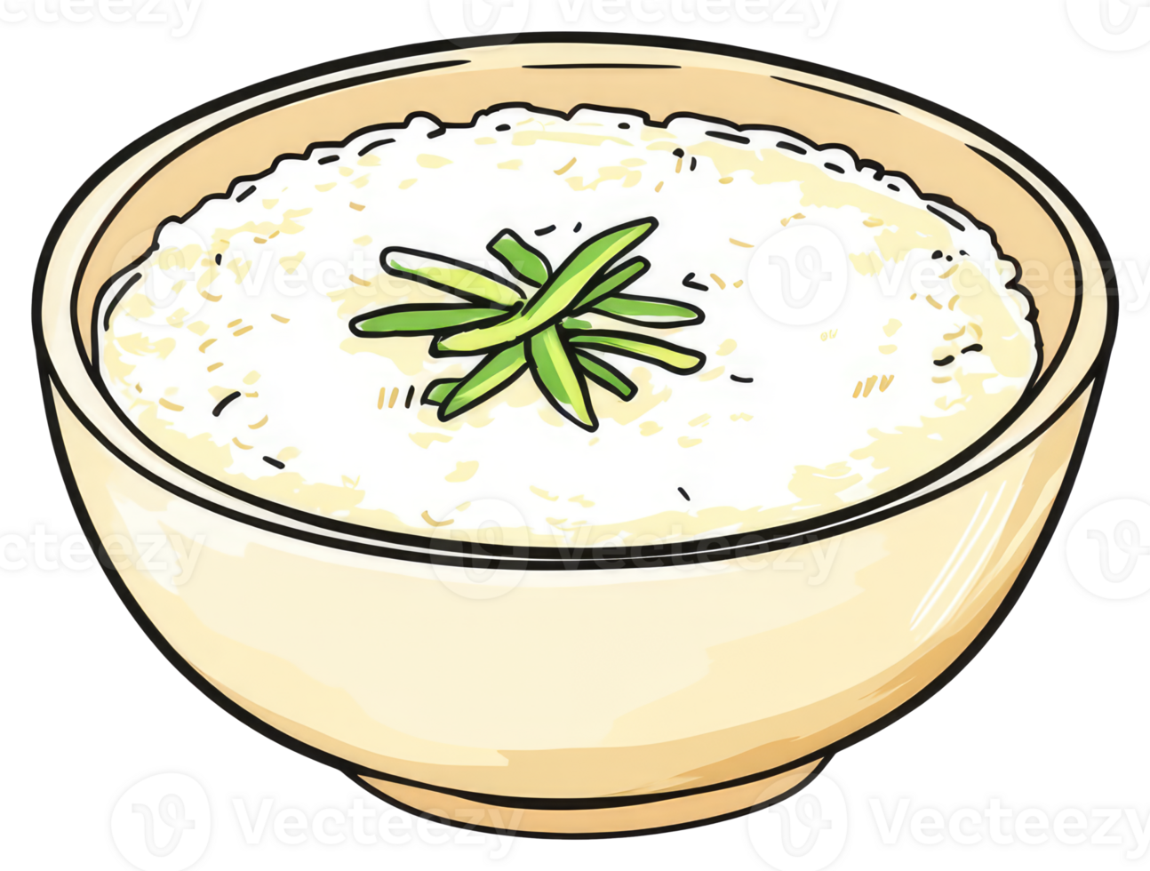 A bowl of cooked rice with green vegetable garnish png