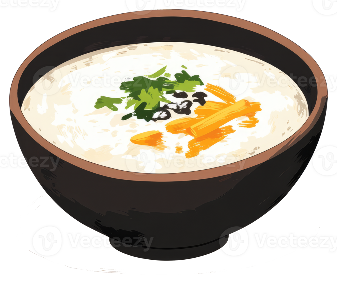 A ceramic bowl containing a creamy rice porridge with toppings png