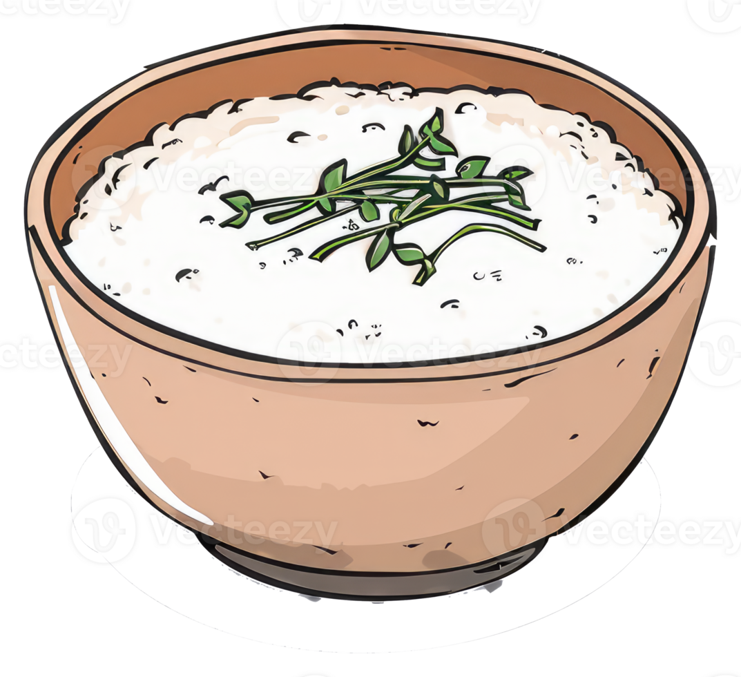 A bowl of white food garnished with green herbs is shown png