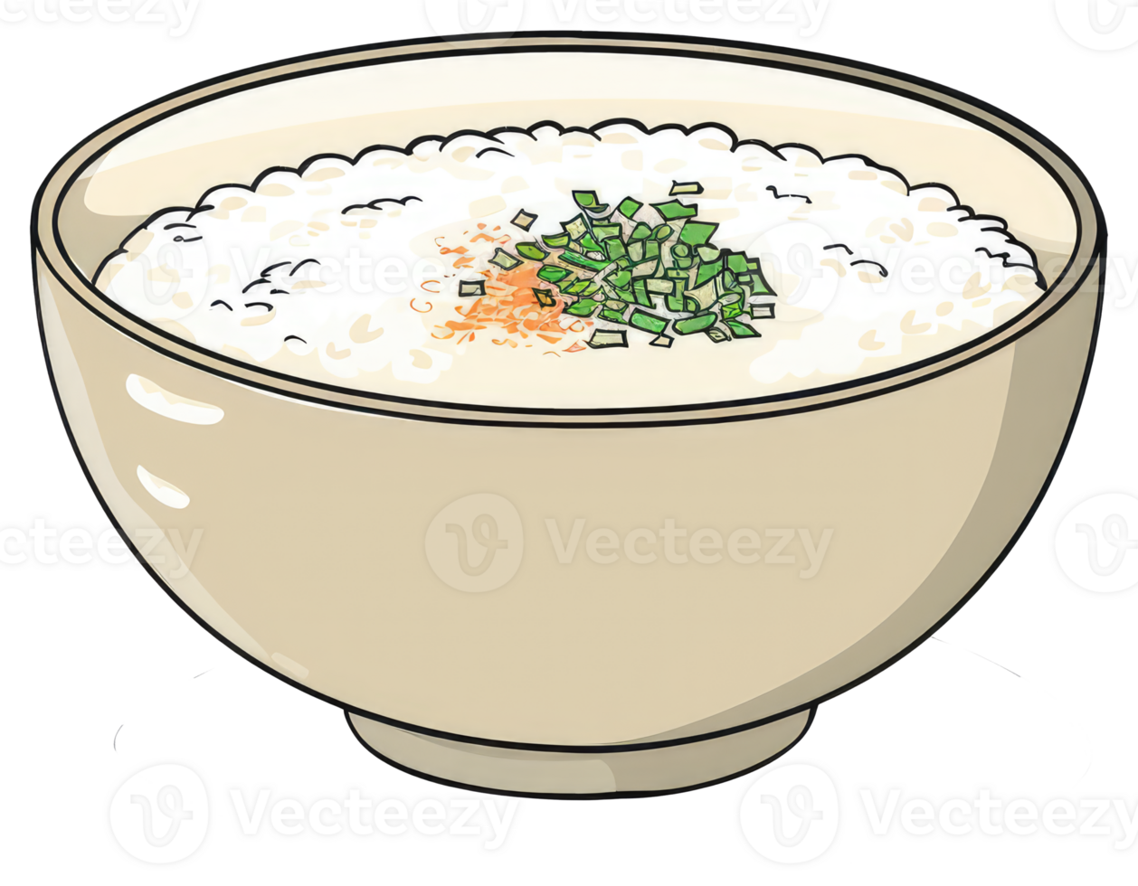 A bowl of white cooked rice with green garnish and spices png