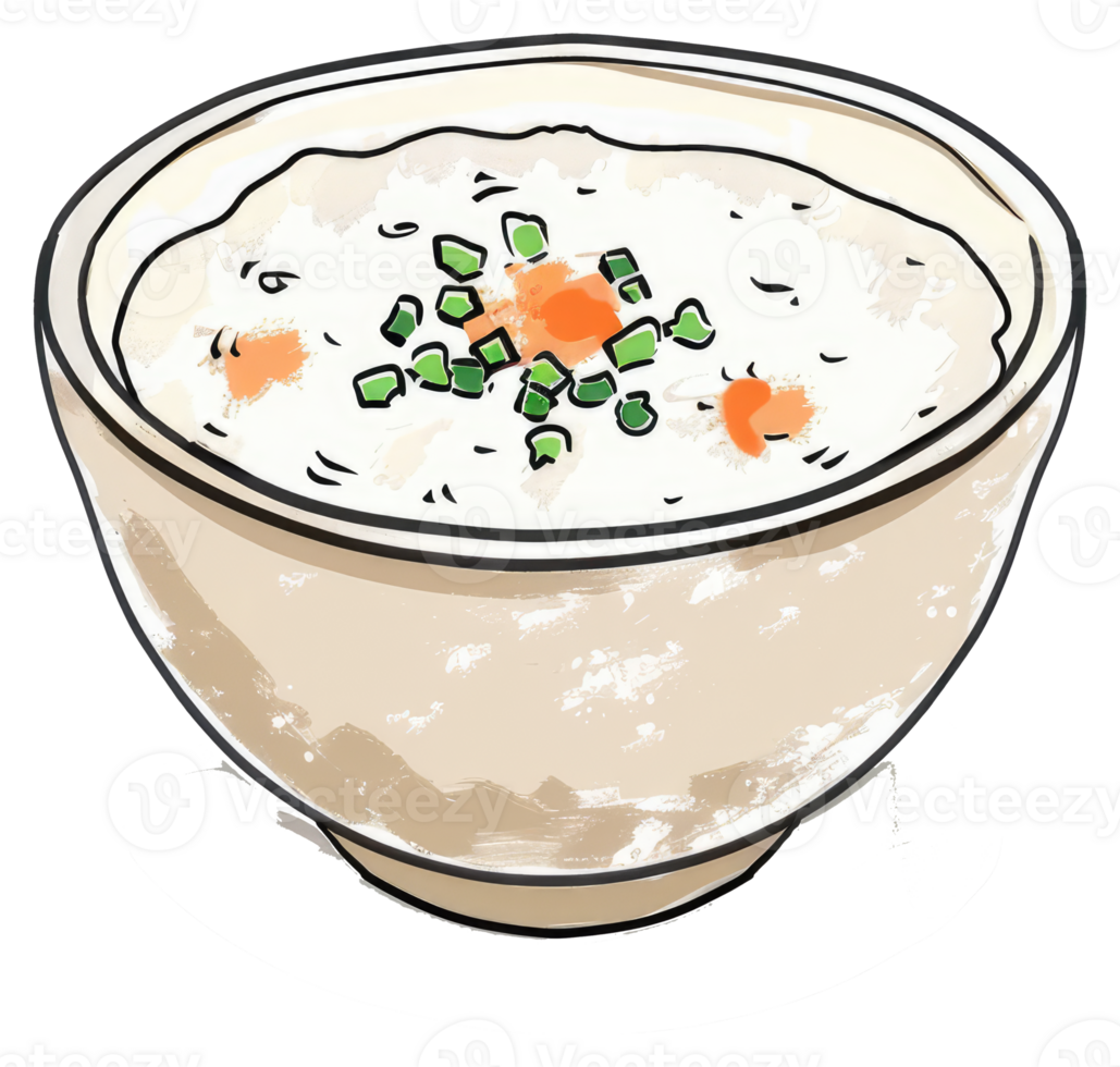 A bowl of creamy porridge garnished with green herbs and carrots png