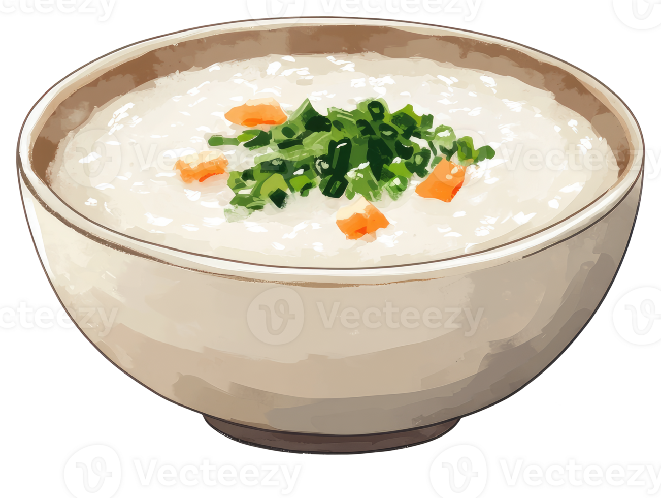 A bowl of creamy porridge with green and orange toppings png