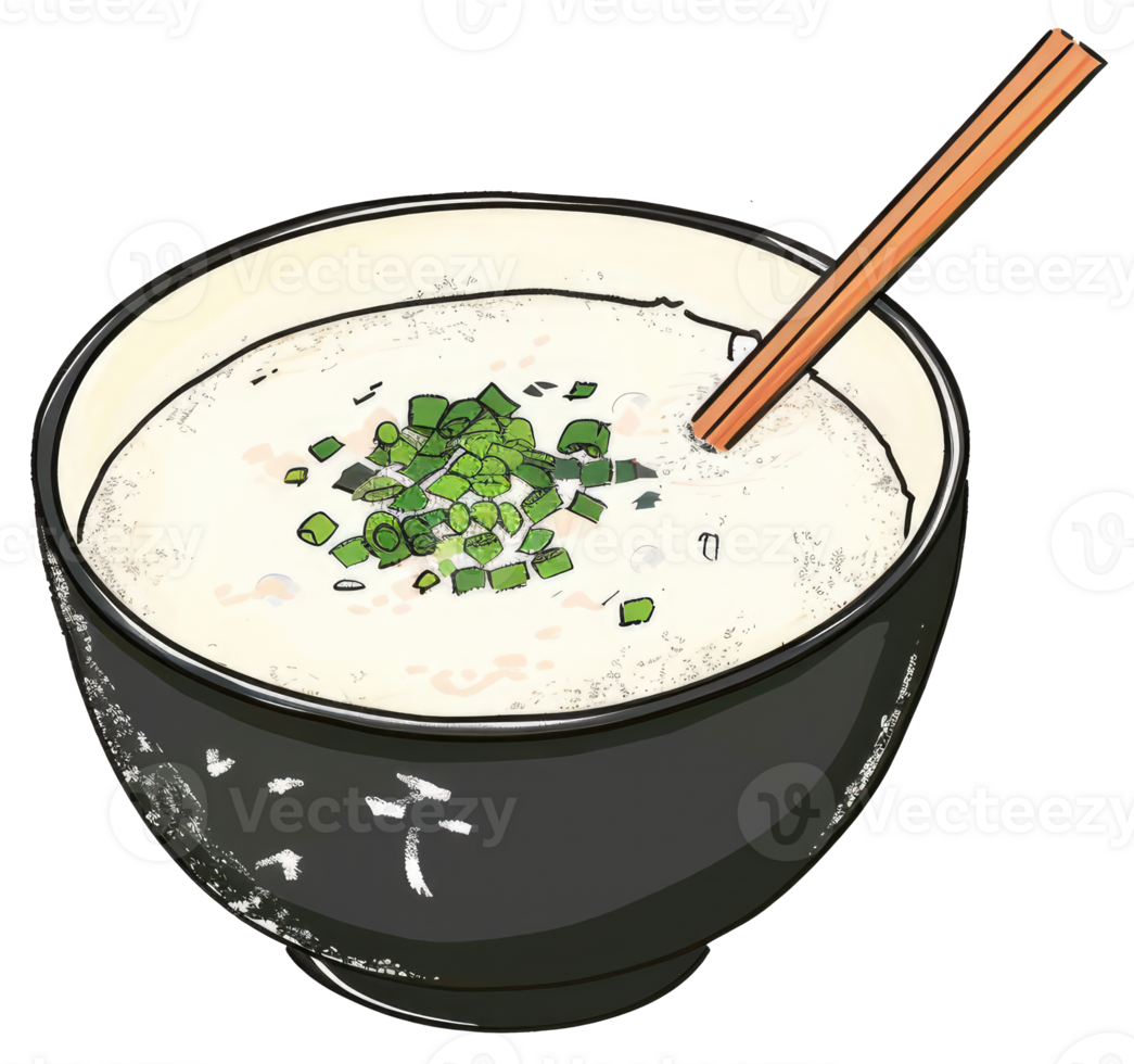 An illustration of a bowl of rice porridge with green garnish png