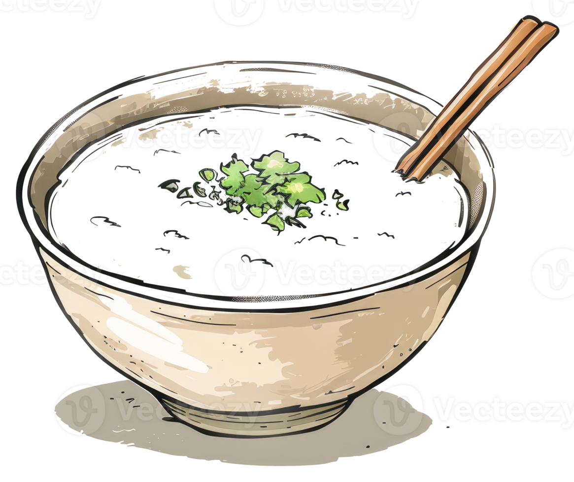 A bowl of creamy porridge with herbs and chopsticks png